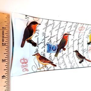 Serving Tray Sandwich Relish Song Birds Fused Art Glass Rectangular Stamps Text